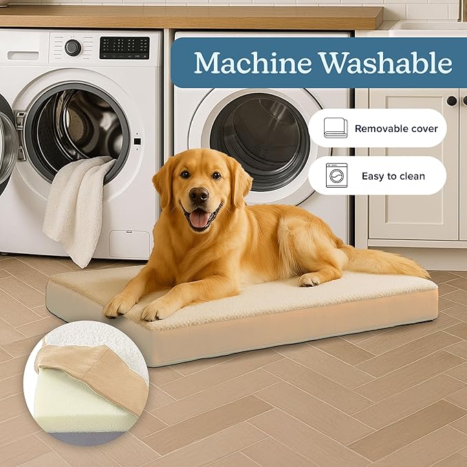 PETMAKER Orthopedic Dog Bed - 2-Layer Memory Foam Bed with Machine Washable Sherpa Top Cover - 36x27 Mattress for Large Dogs up to 65lbs (Tan)
