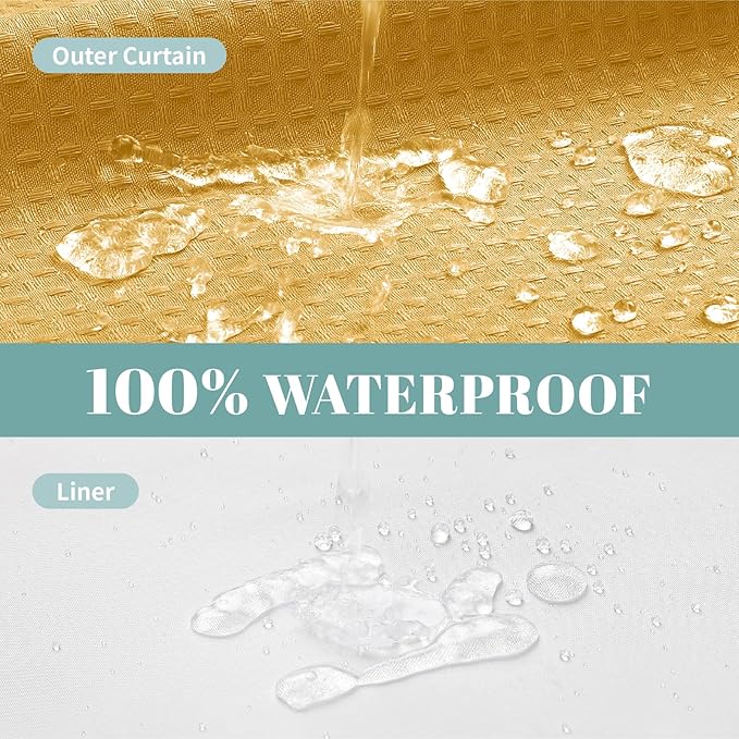 eachope Gold No Hook Waffle Weave Shower Curtain with snap-in Liner Replacement, 230GSM Waterproof Fabric Hotel Shower Curtain Set for Bathroom, Through Mesh Top Window,71Wx77H