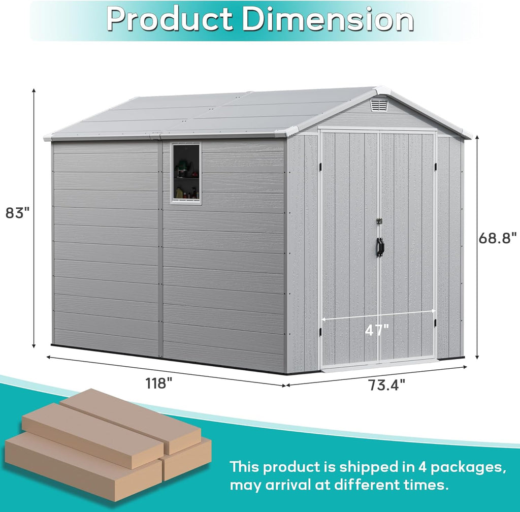 Greesum 6×10FT Plastic Outdoor Storage Shed with Floor, Resin Storaged Sheds with Lockable Double Door, Windows & Vents, All-Weather Tool Sheds for Garden, Backyard, Patio, Light Gray