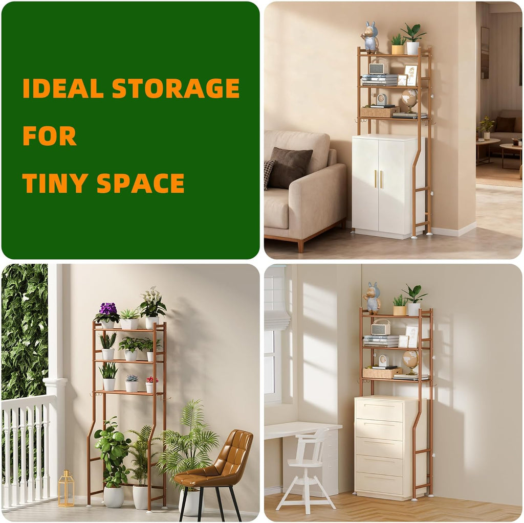 3-Tier Over The Toilet Storage, Space Saver Metal Bathroom Shelves, Freestanding Above Over Toilet Storage Shelf with 4 Hooks for Bathroom, Bronze