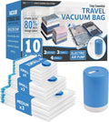 10 Pack Travel Vacuum Storage Bags with Rechargeable Wireless Electric Pump for Luggage, Suitcase, Carry-on Size Vacuum Seal Compression Space Saver Bags for Clothes and Clothing Travel