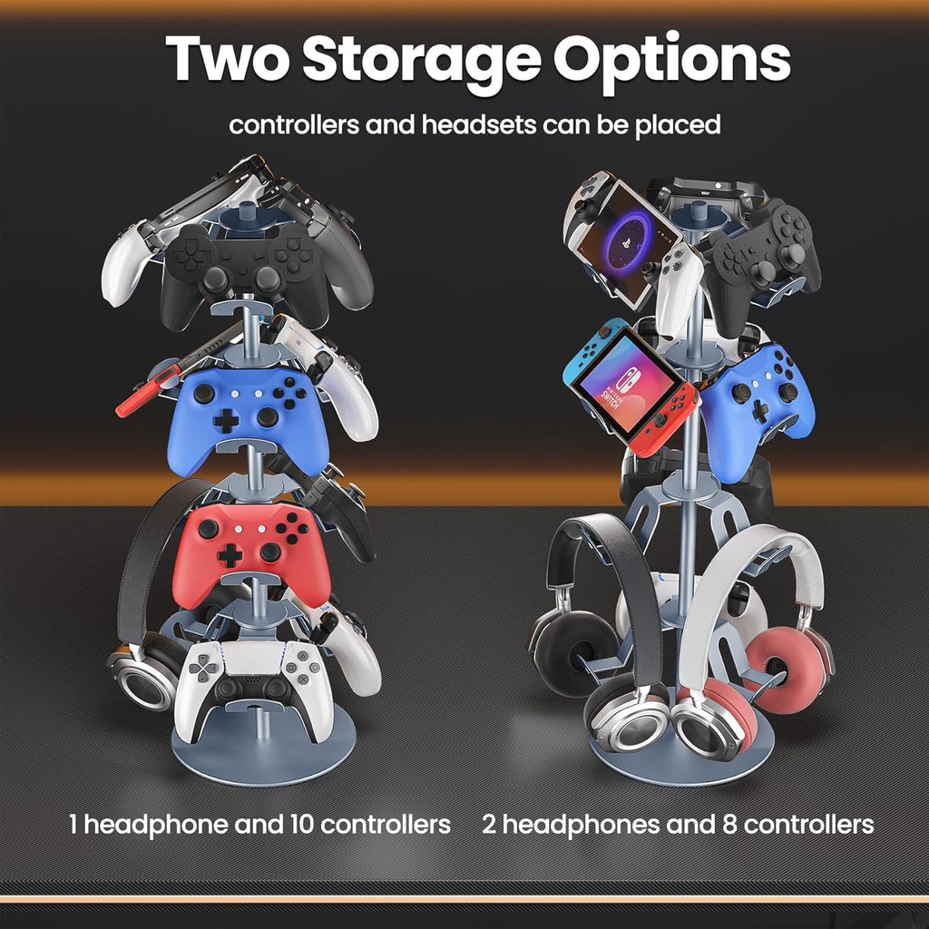 4 Tier Aluminum Alloy Game Controller Stand, Rotatable Gaming Controller Headset Holder Compatible with PS5 Xbox Nintendo Switch PS4, Controller Headphone Stand Organizer Rack for desk, Grey