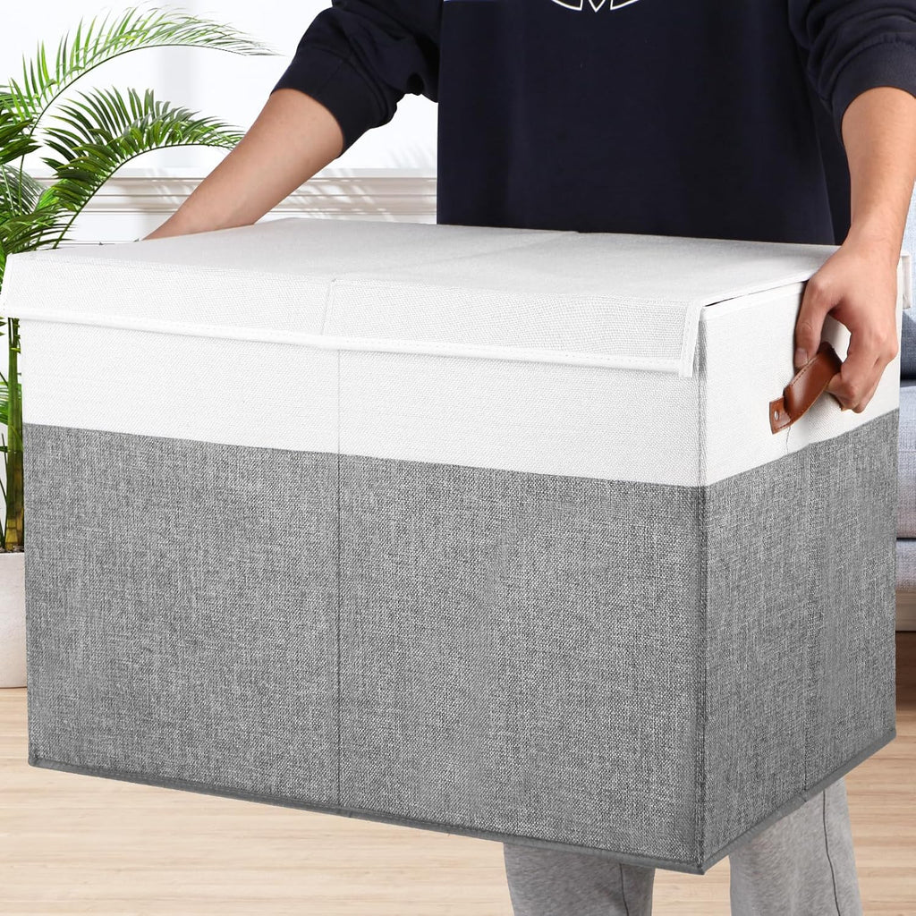 Large Toy Storage Box with Lid, Sturdy Toys Storage Chest Bin Organizer Basket with Dividers for Kids, Boys, Girls, Nursery, Closet, Bedroom, Playroom 26"x17" x17" (Grey and White)