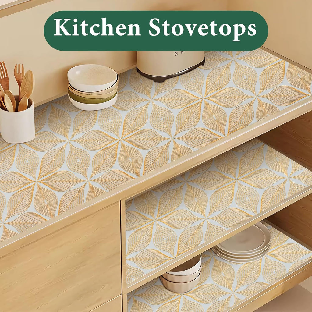 3D Drawer and Shelf Liner for Kitchen Cabinet: 17 in X 30 Ft Waterproof Shelf Paper Non Adhesive Refrigerator Liners Golden Leaf Easy Liners for Bathroom with Knife Tape Measure