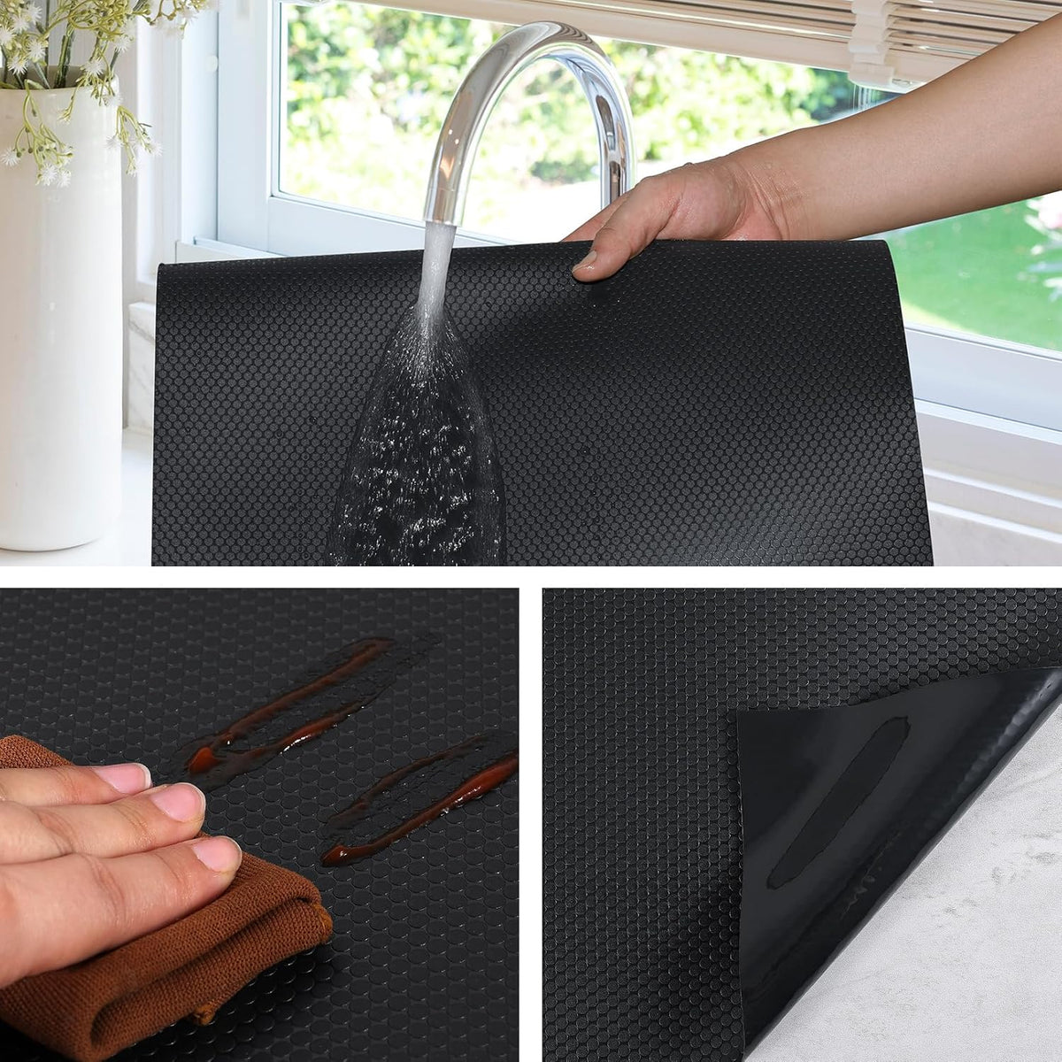 Black Shelf Liners for Kitchen Cabinets Non Adhesive Drawer Liner for Bathroom Waterproof Refrigerator Liners for Shelves Fridge Plastic Mats Cabinet Cupboard Liner 17.5 x 157.4 Inches