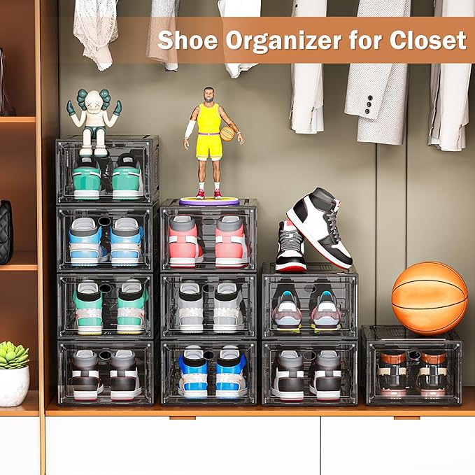 10 Pack Thicken Shoe Organizer Stackable, Upgraded Sturdy Shoe Storage Box
