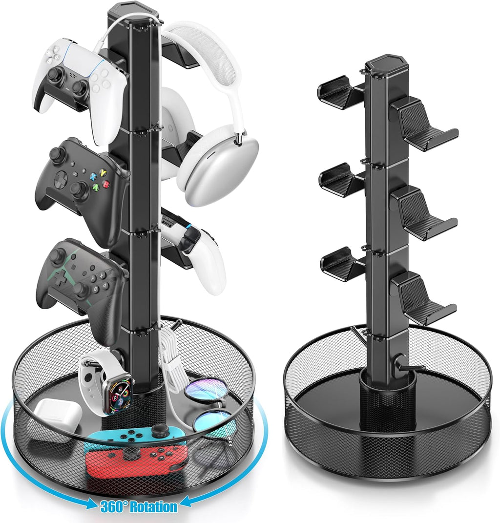 Rotatable Gaming Controller Holder with Basket for Desk, Controller Stand for PS5/PS4/Xbox/Switch/PC Accessories, Holder with Cable Organizer, 4 Tiers Black