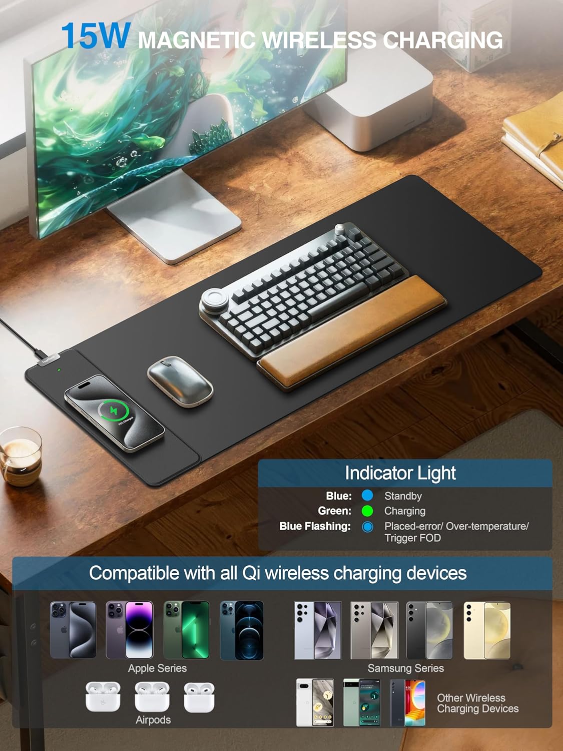 TopMade Wireless Charging Mouse Pad, Gaming Mousepad with Ultra-Smooth Surface, Non-Slip Base, Waterproof Computer Desk Pad, 31.5"x11.81" XL Large Desk Mat for MacBook, PC, Laptop