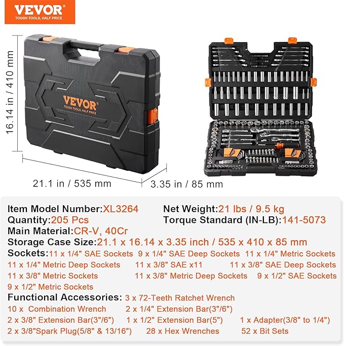 VEVOR Mechanics Tool Set, 1/4" 3/8" 1/2" Drive Deep and Standard Sockets