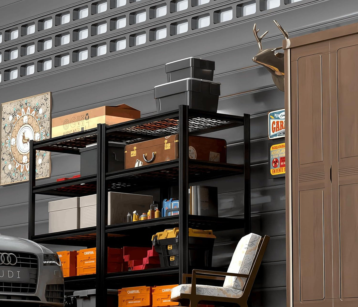 5 Tier Metal Shelving Unit, Adjustable Storage Shelves, 72" H x 47.47" W x 17.75" D Heavy Duty Garage Shelves for Warehouse, Basement, Kitchen, Pantry, Living Room, Black