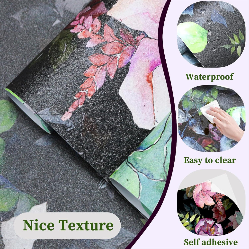 HAOKHOME Floral Shelf Liner and Cabinet Liner, Self-Adhesive Drawer Liners, Peel and Stick Contact Paper Liner Kitchen Cabinets and Cupboard, Bathroom Drawers,Black/Green/Pink 17.3in x 6.5ft