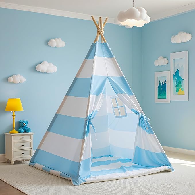 xiaowantong Teepee Tent for Kids with Padded Mat, Lights, and Carry Bag, Washable Playhouse for Indoor Use, Ideal Play Tent for Girls and Boys,Stripe Blue