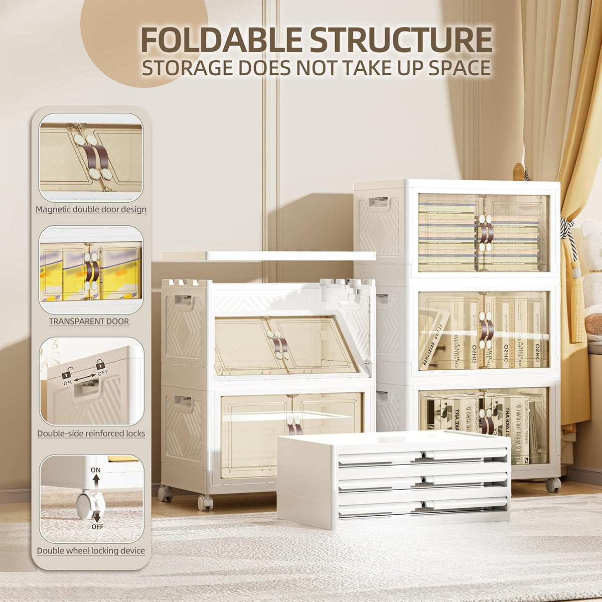 148 QT / 37 Gal Rolling Foldable Storage Cabinet with Stackable Feature - Double Magnetic Doors, Leather Handles, Durable Plastic for Closet/Office, Easy Assembly & Move