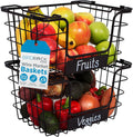 BIRDROCK HOME Stacking Wire Market Baskets with Chalk Label | Set of 2 | Fruit Vegetable Produce Metal Storage Bin for Kitchen Counter | Black