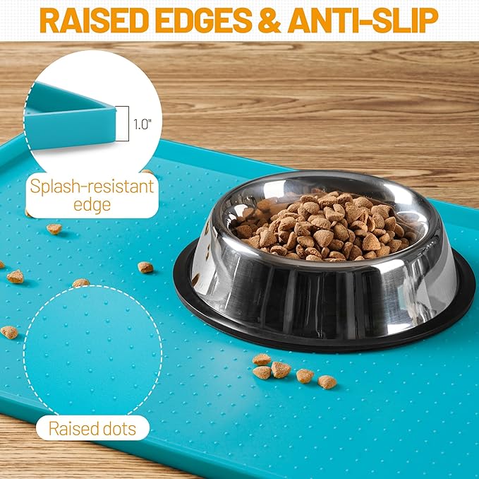 Hubulk Dog Feeding Mat,100% Waterproof Food Grade Silicone Pet Food and Water Bowl Placemat,Dishwasher, High Raised Edge to Prevent Spills,Nonslip Tray to Stop Messes on Floor (32"x24"x1.0", Teal)