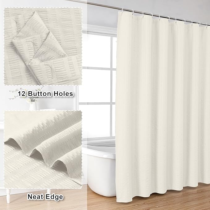 Aiyufeng Extra Long Cream Shower Curtain 96 Inch Long, Embossed Texture Fabric Bathroom Shower Curtain, Large Hotel Bath Curtain with 12 Holes, 72x96