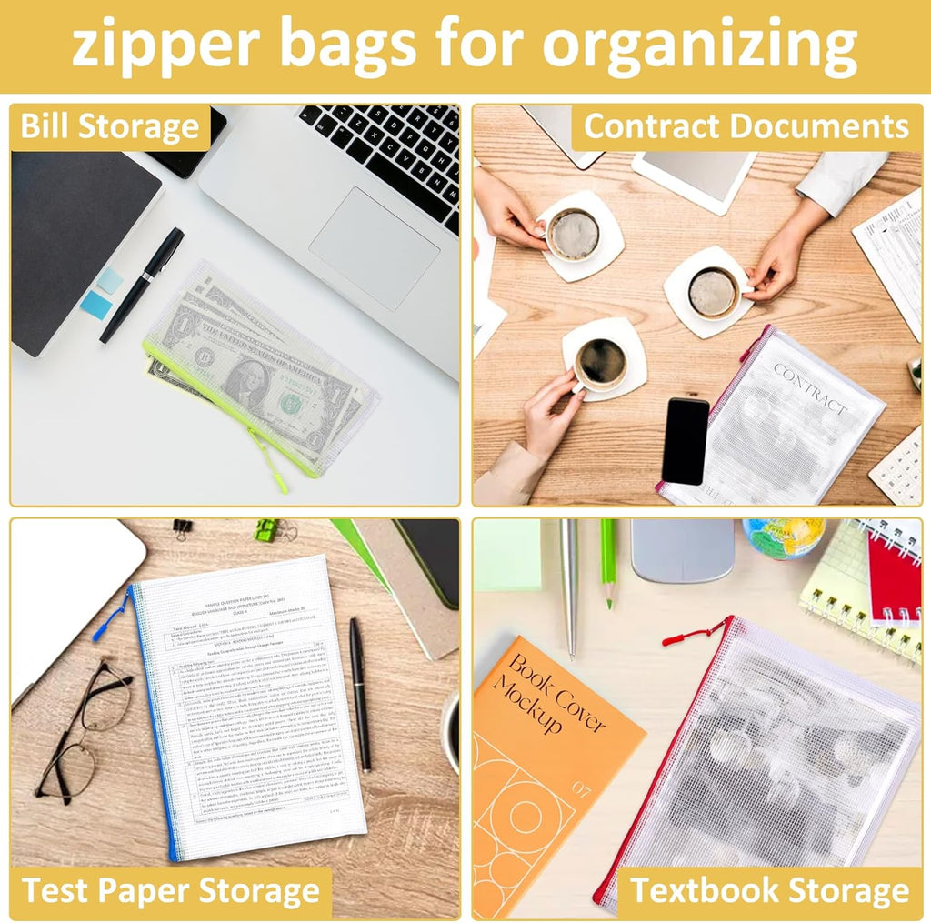 18PCS Mesh Zipper Pouch Bags, Zipper Bags for Office Supplies,9 Colors for Puzzles Board Game Storage, 8 Sizes for Reusable Plastic Zip Organizer for Travel