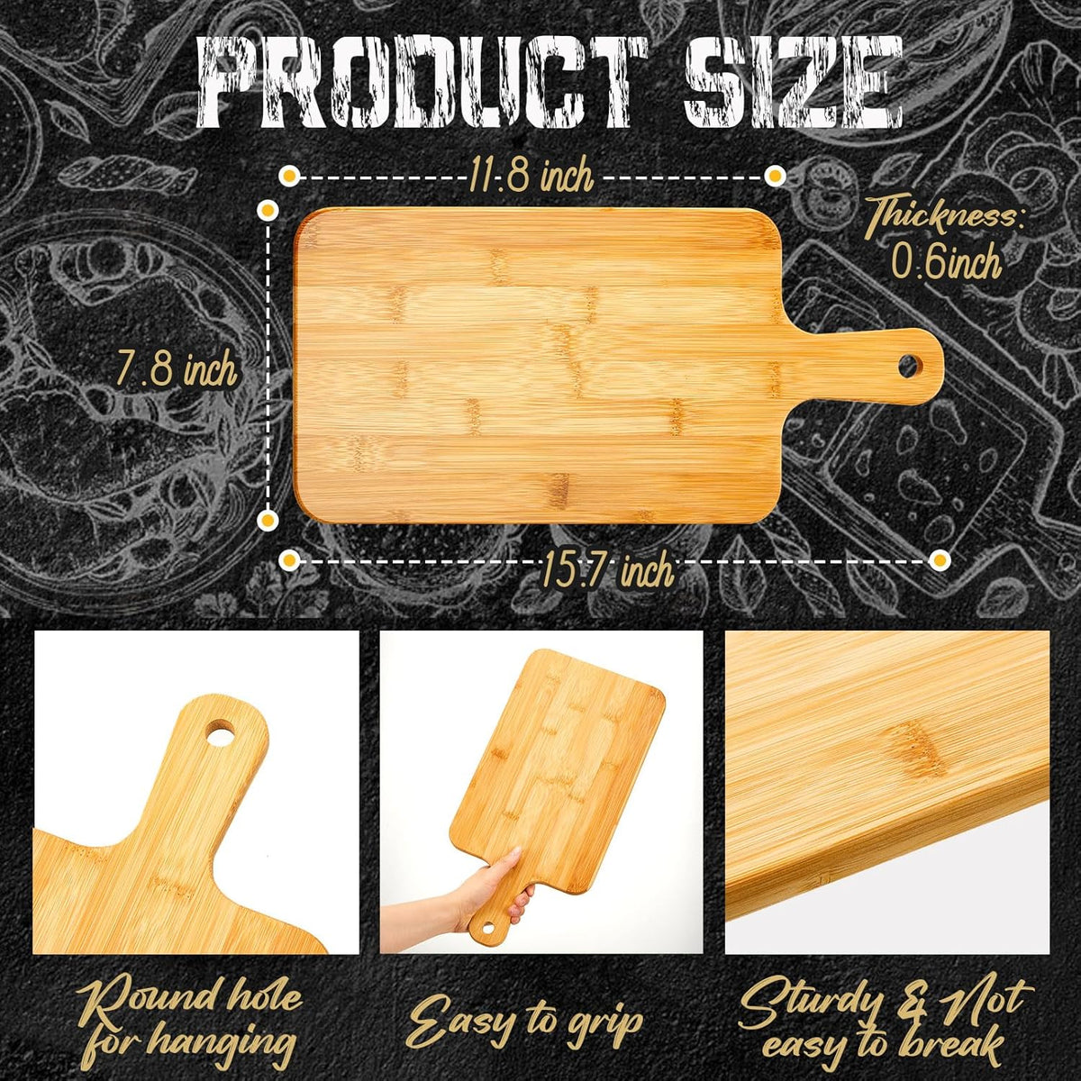 Nuenen 10 Pcs Wood Cutting Board with Handle 15.7 x 7.8 Inch Bamboo Wooden Serving Kitchen Chopping Boards for Pizza, Bread, Cheese, Charcuterie, Fruit, Vegetables(Bamboo)