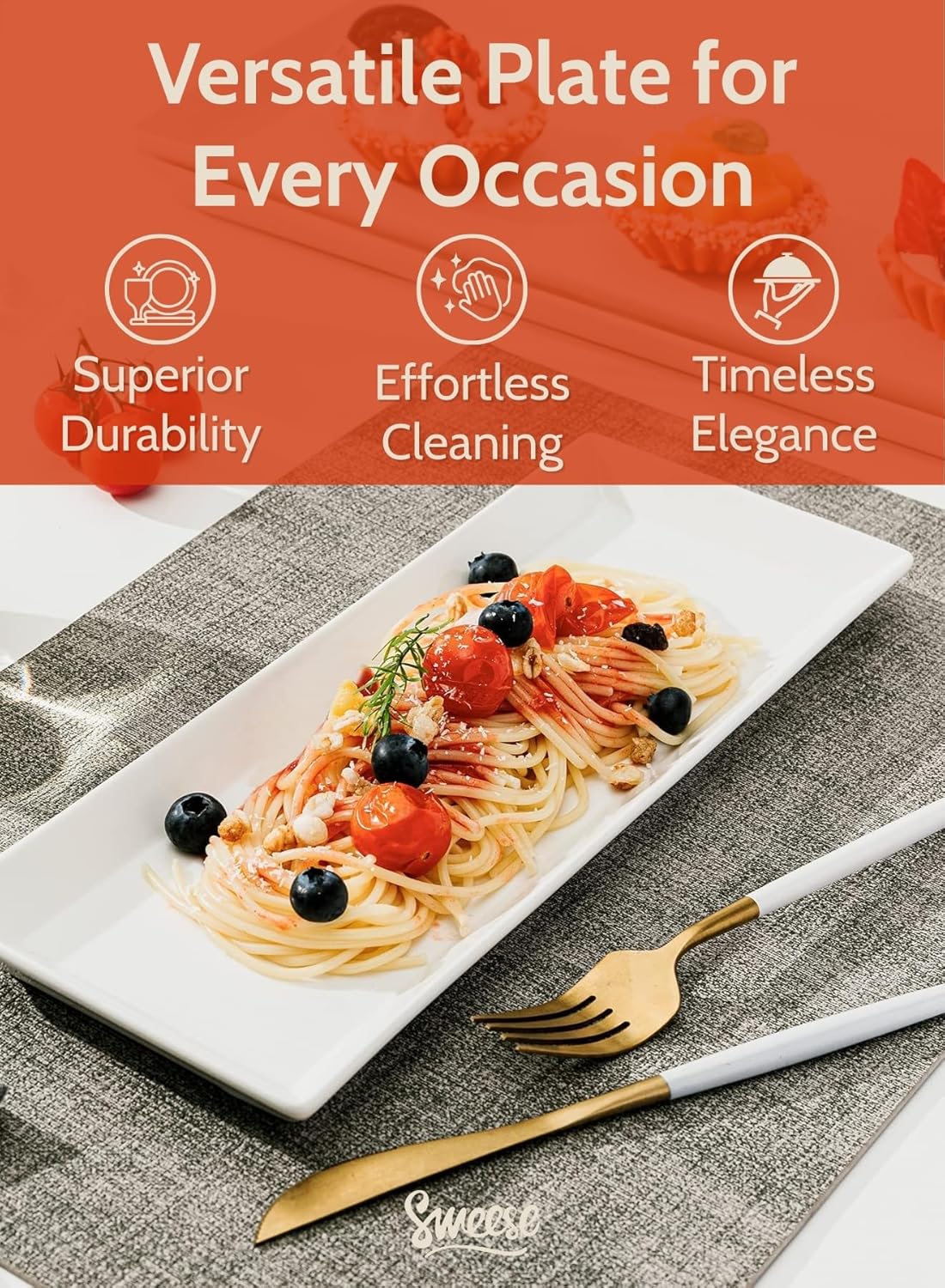 Sweese Porcelain Serving Platters 11.7 Inch - Elegant White Rectangular Plates, Set of 4 for Parties, Sushi, Appetizers