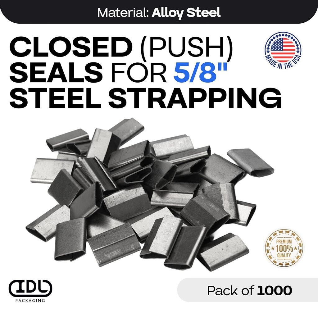 IDL Packaging Closed (Push Type) Seals for 5/8" Strap Width Steel Strapping (Pack of 1000) - Superior Holding Power - Sturdy Metal Clips for Reliable Securing of Packaging Banding