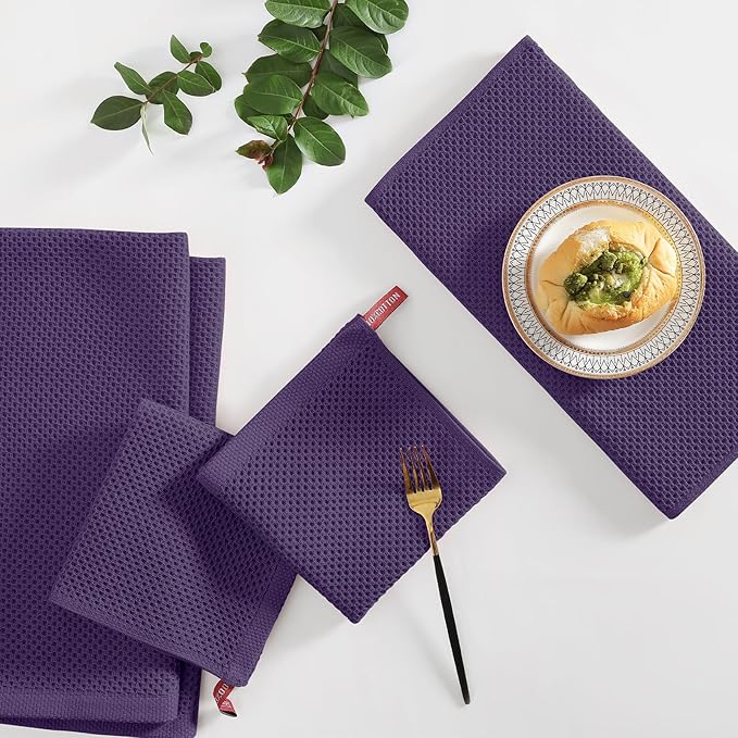 Homaxy 100% Cotton Kitchen Towels and Dishcloths Set, 12 x 12 Inches and 13 x 28 Inches, Set of 8 Bulk Kitchen Towels Set, Ultra Soft Absorbent Dish Cloths for Washing Dishes, Eggplant