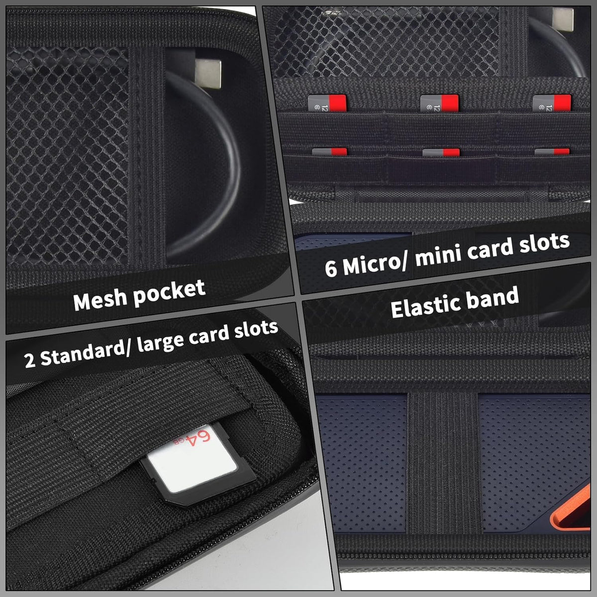 Fireproof& Waterproof Case for SanDisk Extreme Portable External SSD 500GB 1TB 2TB 4TB 8TB Solid State Drive, Zipper Travel Cable Organizer with SD SDXC SDHC Card Slots, Storage Pouch Only (Black)