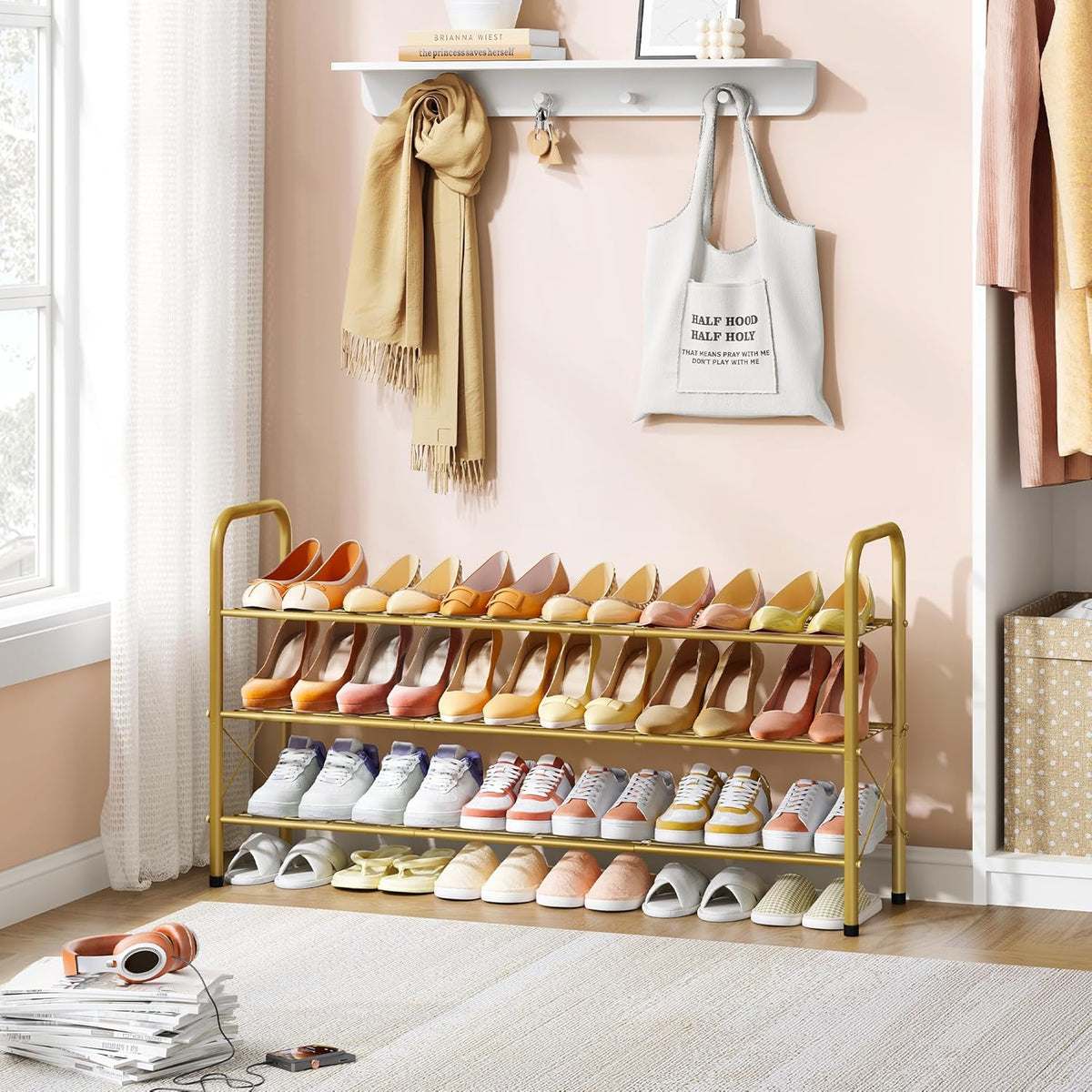 Hoctieon 3 Tier Mesh Style Shoe Rack, Entryway Shoe Shelf, Shoe Storage Organizer, Shoe Rack for Closet, Space Save for Bathroom, Garage, Hallway, Bedroom, Living Room, Gold