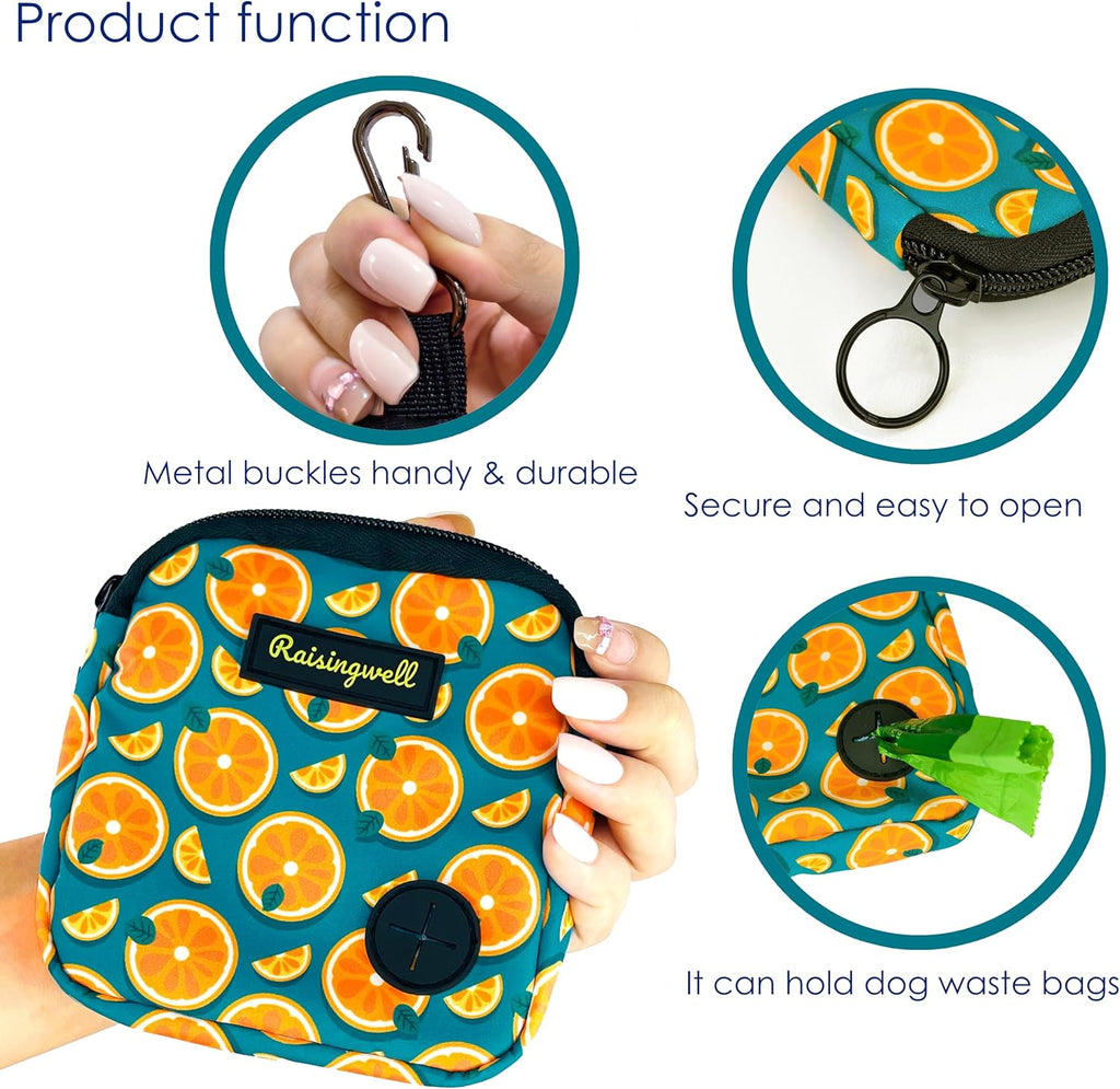 Dog Treat Pouch for Pet Walking and Training with Clicker Poop Bags Small Fanny Zipper Pack Holder for Puppy Snack Dispenser Kit for Leash and Outdoor Use (Fruit Orange)