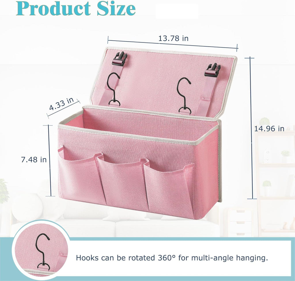 Bedside Caddy/Bedside Storage Organizer Hanging Bag with Three Options,Suitable for home beds, sofas, and dormitory beds—can hold magazines, books, phones, iPads, remote controls. (Pink)