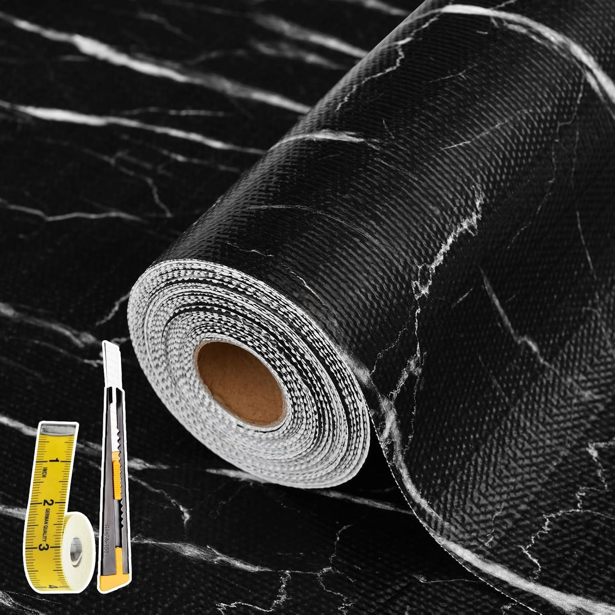 Drawer and Shelf Liner for Kitchen Cabinet: 17 in X 30 Ft Non Slip Waterproof Shelf Paper Non Adhesive Refrigerator Liners Black Marble Easy Liners for Bathroom with Knife Tape Measure