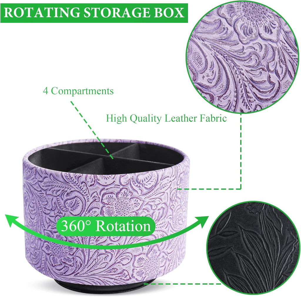 lizimandu Round Leather Art Supply Organizer,Remote Control Holder,360 Degree Spinning,Multi-Functional Pencil Holder,4 Compartments Desktop Stationary Organizer(1-Carved Puple)