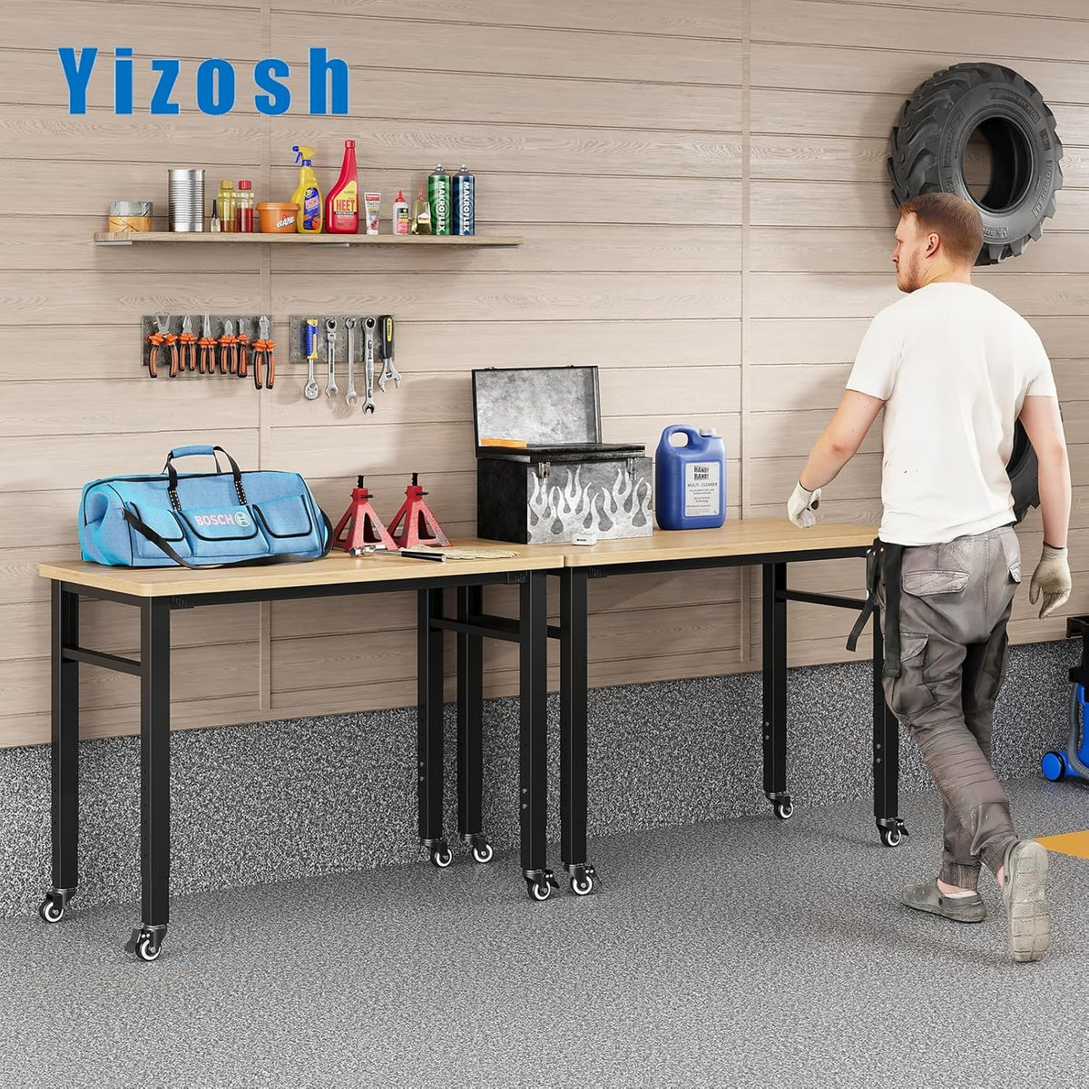 Yizosh 48" Adjustable Portable Workbench with Wheels, Rubber Wood Top, Heavy Duty 2000 LBS Load Capacity, Garage & Workshop Workbench with Storage