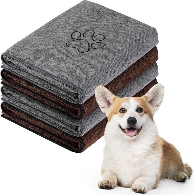 Chumia 4 Pack Dog Towels for Drying Large Microfiber Grooming Tools Absorbent Soft Bath Supplies with Embroidered Paw for Small Medium Pet Products(16 x 32 Inch,Gray, Coffee)
