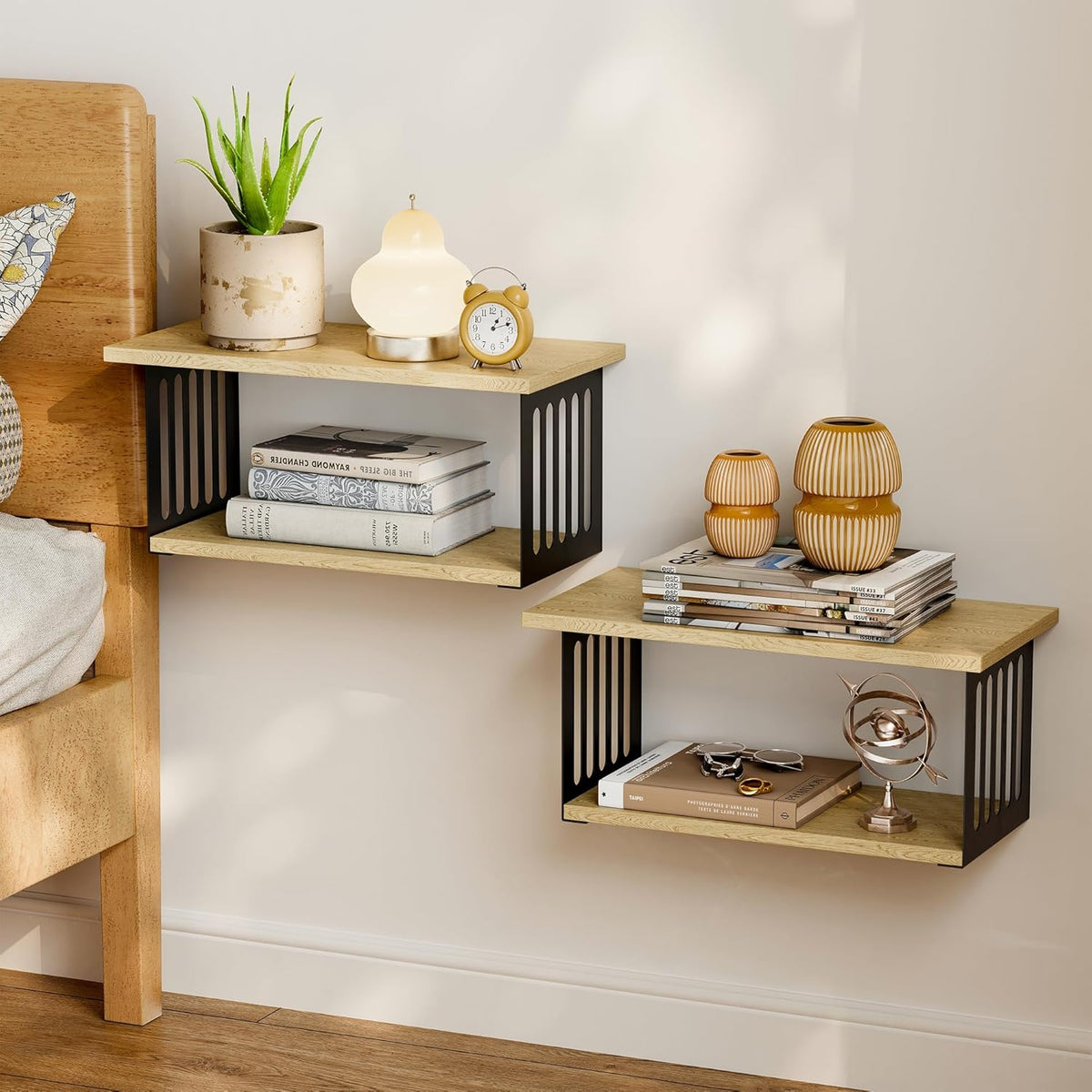 Floating Nightstand Set of 2, 2-Tier Floating Shelves Wall Mounted,Floating Bedside Table Wall Shelf,Display Wall Shelves for Bedroom,Living Room, Bathroom, Kitchen, Natural