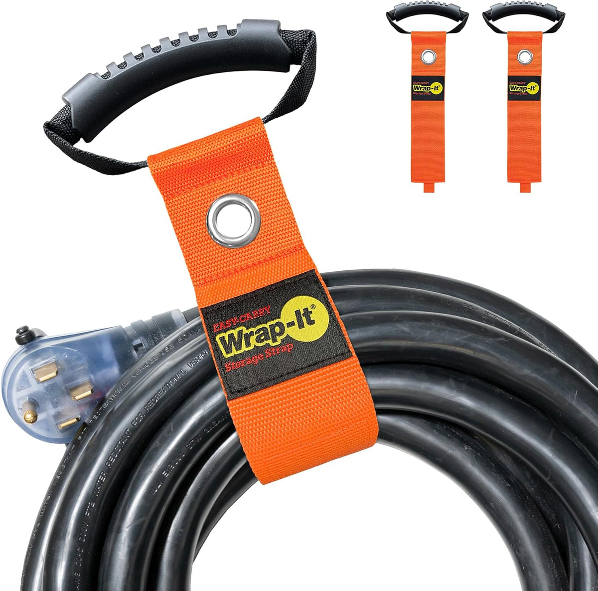 Easy-Carry Wrap-It Storage Straps - 22” (2-Pack) Blaze Orange with Grommet - Extension Cord Storage Holders and Carrying Straps for Garden Hose Storage