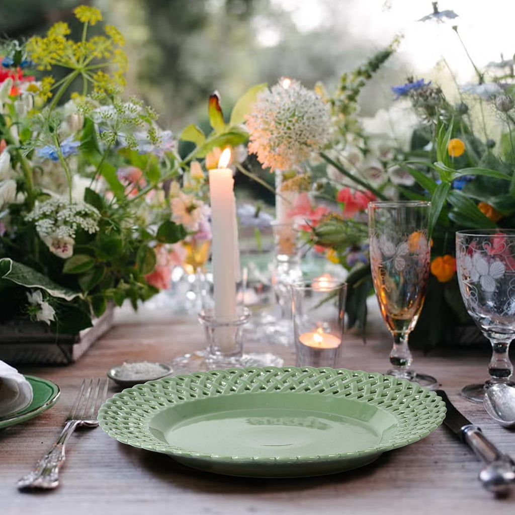 Graceful Basketweave Wide Rim 12 inch Dinner Plates, Extra Large Round Platter Scallop Serving Tray Set of 4, for Restaurant, Kitchen, Party, Home, Wedding, Gift, Microwave Dishwasher Safe, Sage Green