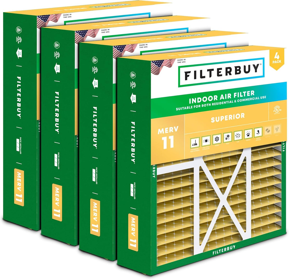 Filterbuy 22x24x5 Air Filter MERV 11 Superior Pet & Allergy Defense (4-Pack), Electrostatic Pleated HVAC AC Furnace Filters for Amana, Goodman, and Five Seasons (Actual Size: 22.06 x 23.94 x 5.25)