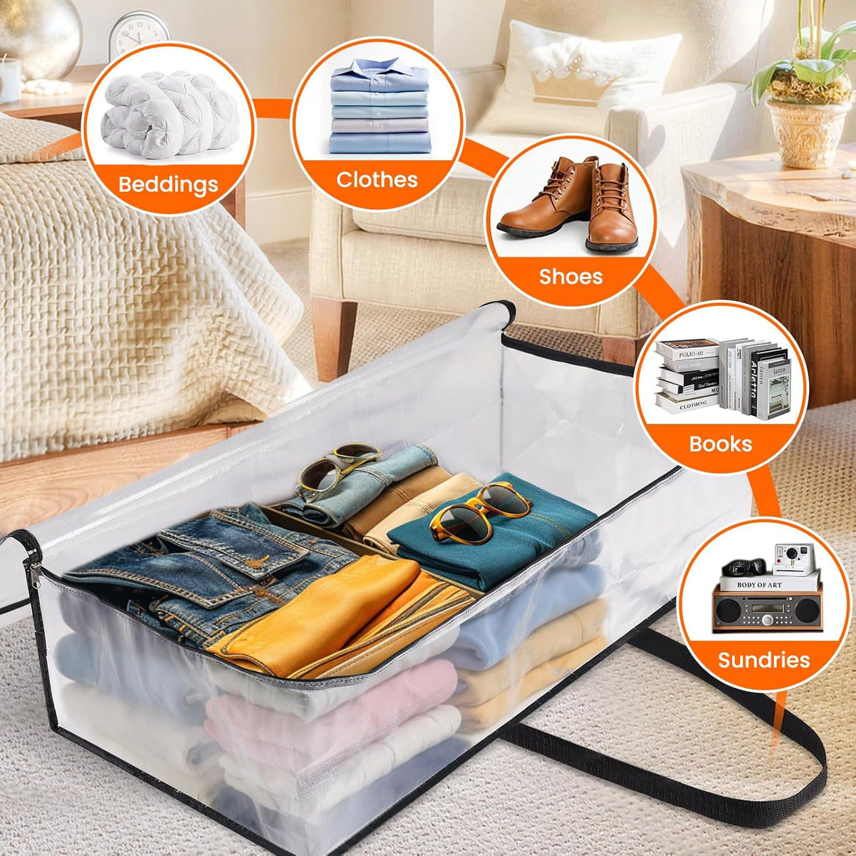 8 Pack Long Clear Storage Bags for Comforter, Clothes & Bedding, Plastic Blanket Storage with Zipper and Handle, Moving Bags, Closet Organizer and Under-Bed Storage (90L, 39.4"*7.1"*19.7")