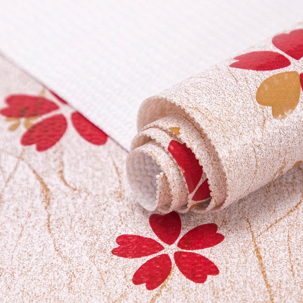 FIFTY FEET 18"x96" Non-Adhesive Shelf Liner for Kitchen Cabinets and Drawers, Washable Non-Slip PVC Cabinet Liner (Red Floral)(1 Roll)