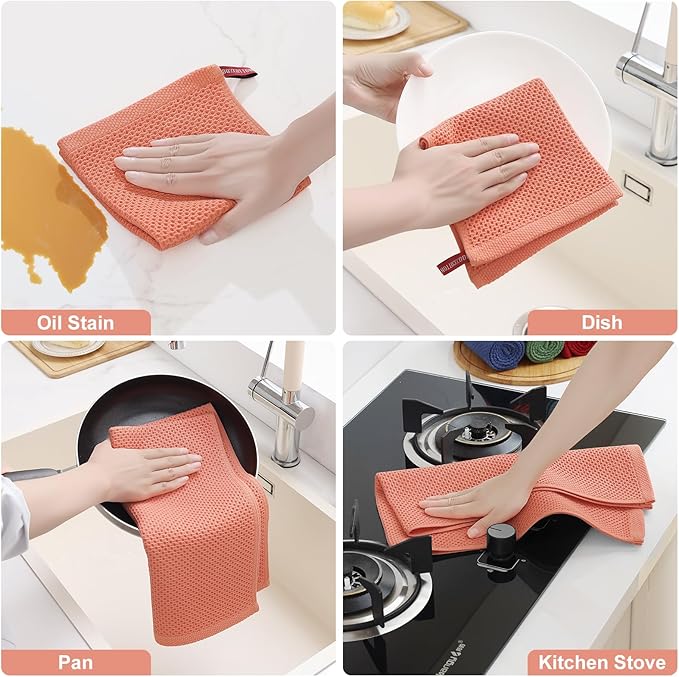 Homaxy 100% Cotton Kitchen Towels and Dishcloths Set, 12 x 12 Inches and 13 x 28 Inches, Set of 12 Bulk Kitchen Towels Set, Ultra Soft Absorbent Dish Cloths for Washing Dishes, Coral