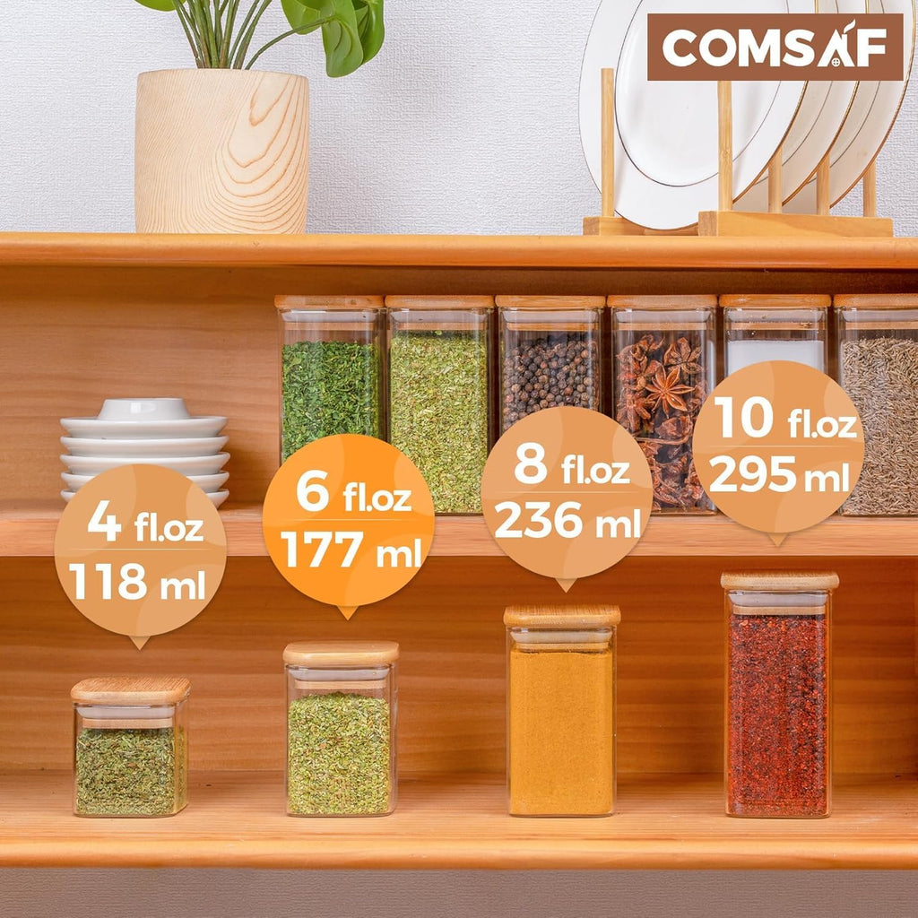 ComSaf 6Pcs 6 oz Spice Jars with Label Trial Set, Glass Spice Jars with Bamboo Lids Supplementary Set, Seasoning Container Trial Pack, Perfect for Ktichen Starter