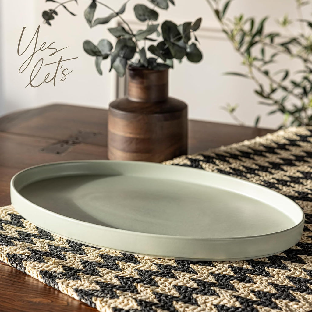 over&back Stackable Stoneware Serving Platter - Elegant 1-Piece Oval Serving Platter to Complete Your Kitchen Set - Perfect for Appetizers, Desserts, and More - 16" L x 11" W - Semi-Matte Sage