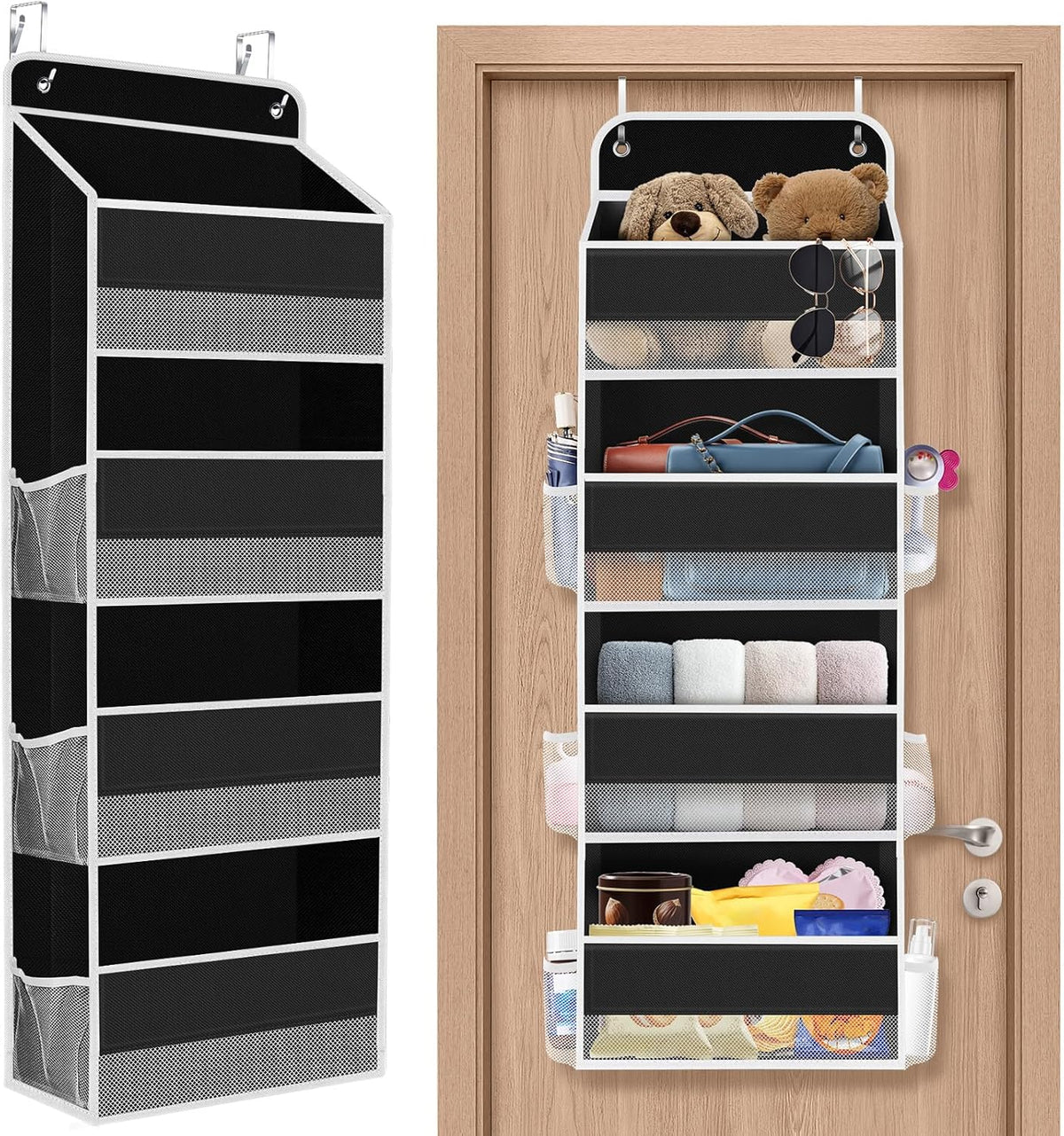 1 Pack Over The Door Organizer, Hanging Storage Organizer with Clear Window, 40lb Ultra Sturdy Large Capacity Room Organizer for Pantry Laundry Bathroom Nursery Closet (Black)