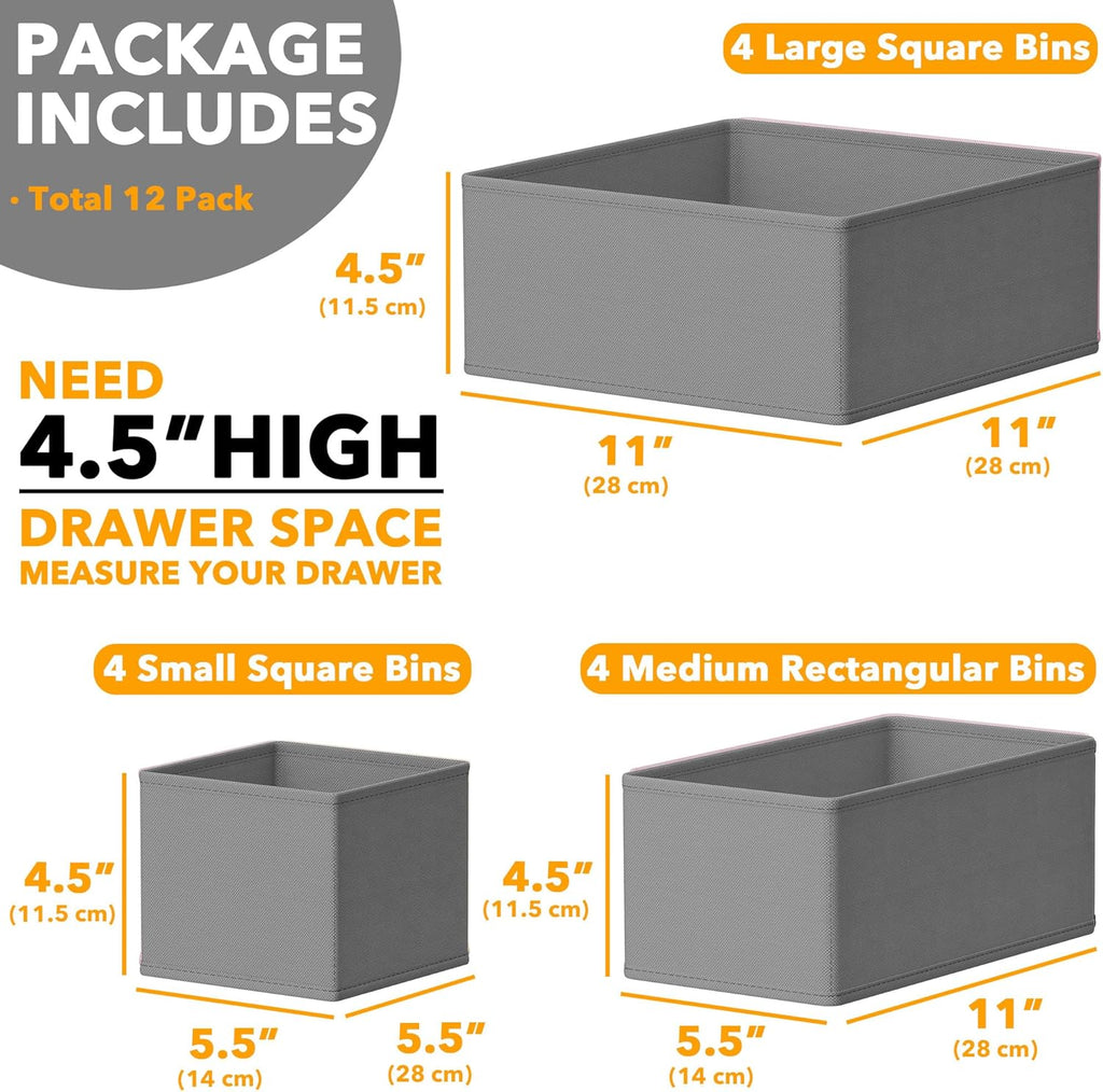 SpaceAid Drawer Organizer Clothes, 12 Pack Dresser Organizer Bins for Nursery, Closet Organization and Storage Dividers for Clothing, Baby Clothes, Underwears, Socks (Grey)