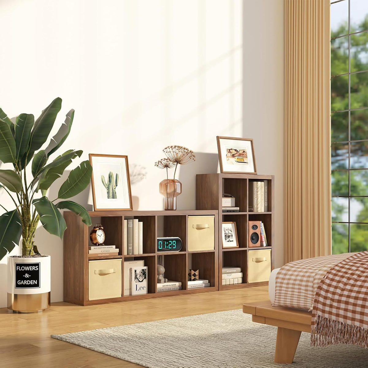 furtble Bookshelf with Storage Bins, 12-Cube Storage Organizer, Modern Wood Open Bookcase, Multifunctional Display Shelf for Living Room, Bedroom, Home Office, Classic Oak