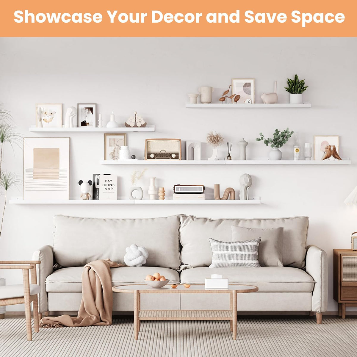 upsimples Floating Shelves for Wall, 47.3 Inch Shelves for Decor Storage Set of 6, Wall Mounted Wood Shelf for Bedroom, Living Room, Bathroom, Kitchen, Long Picture Ledge Shelves, White