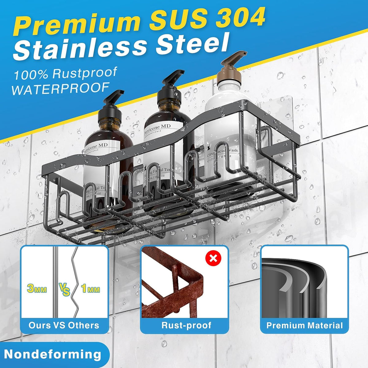 EUDELE Shower Caddy 2 Pack, Adhesive Shower Organizer for Home Decor & Kitchen Storage, No Drilling, Rustproof Stainless Steel Bathroom Shelf Organizer