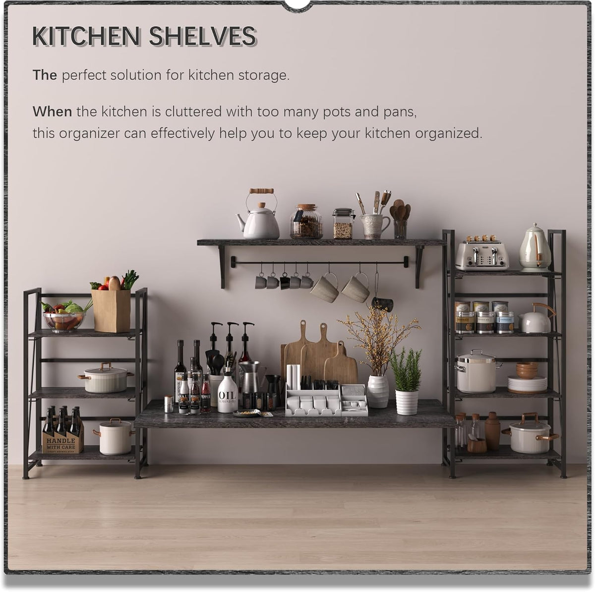 4NM No Assembly Folding Bookshelf Storage Shelves 3 Tiers Vintage Bookcase Standing Racks Study Organizer Home Office (Gray Black)
