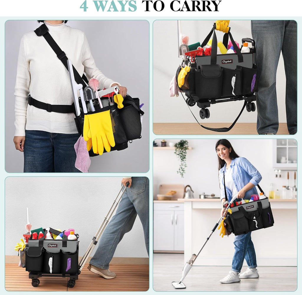 Rolling Cleaning Caddy, Cleaning Supplies Organizer with Trolley, Wearable Cleaning Tote Bag on Wheels with Hard Bottom, Cleaning Carts for Housekeepers/Home/Car/Office/Picnic (Grey)