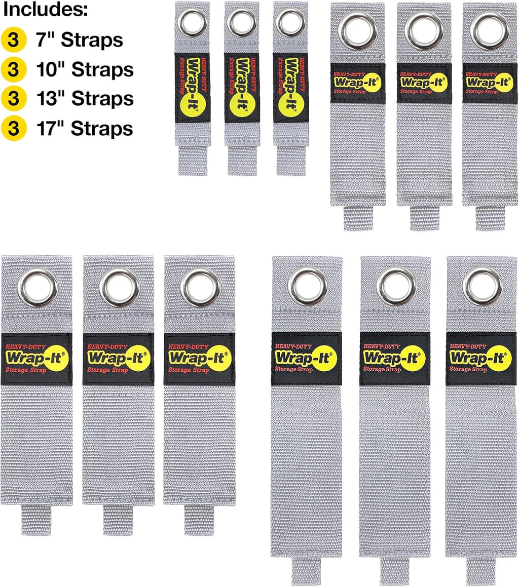 Wrap-It Storage Heavy-Duty Straps - (Assorted 12 Pack) Silver - Hook and Loop Hanging Extension Cord Organizer for Cable Management and Storage on Garage Wall, RV Gadgets and Appliances